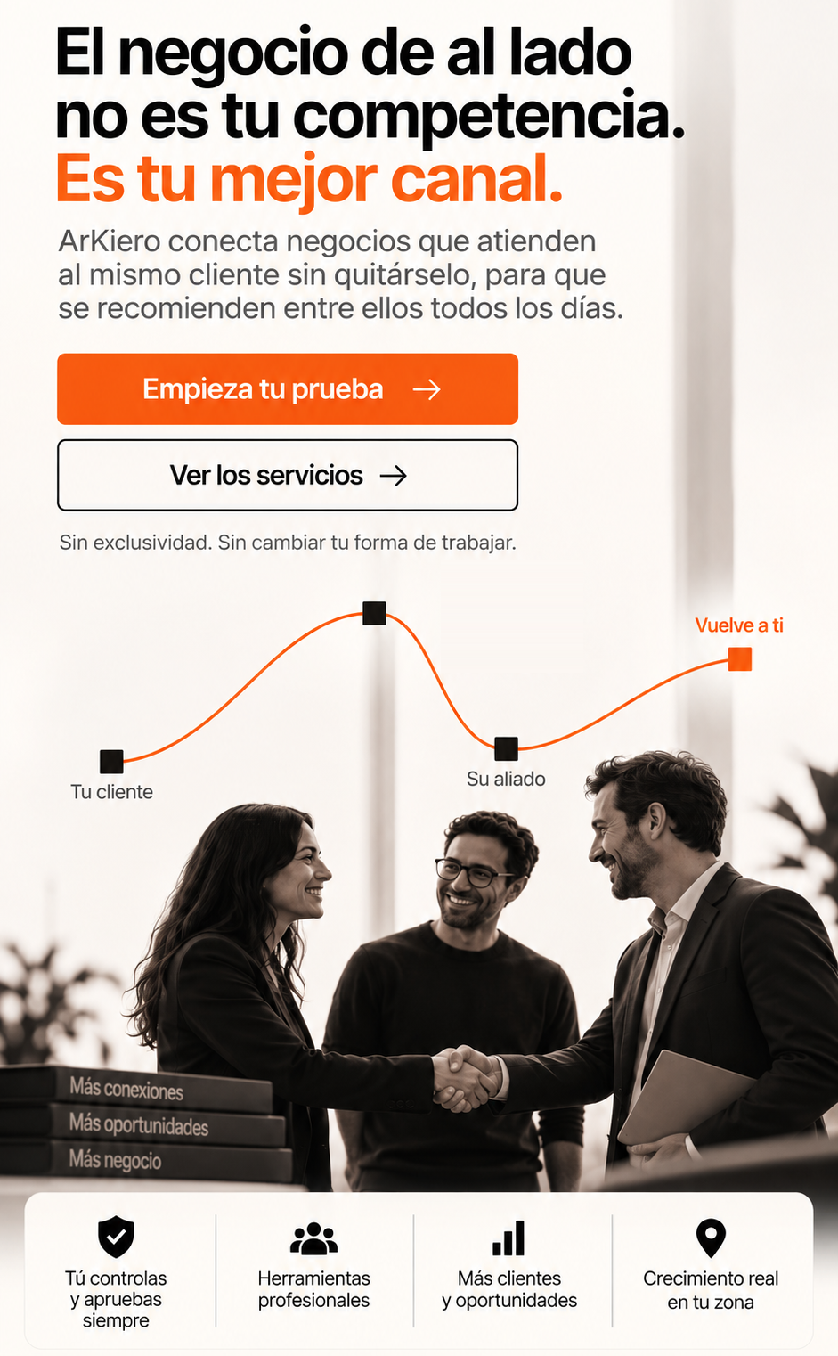 ArKiero: el negocio de al lado no es tu competencia, es tu mejor canal. Empieza tu prueba o ve los servicios.